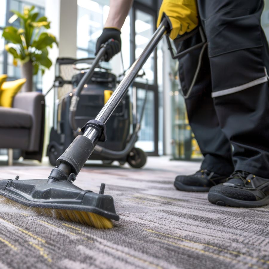 Professional Carpet Cleaning Technician Using Industrial Equipment In A Modern Office